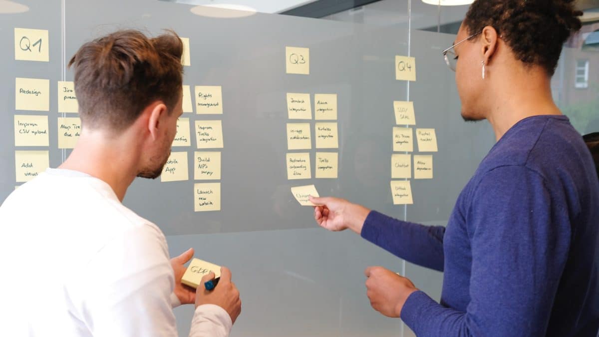 scrum master facilitujący spotkanie retrospektywne przy tablicy