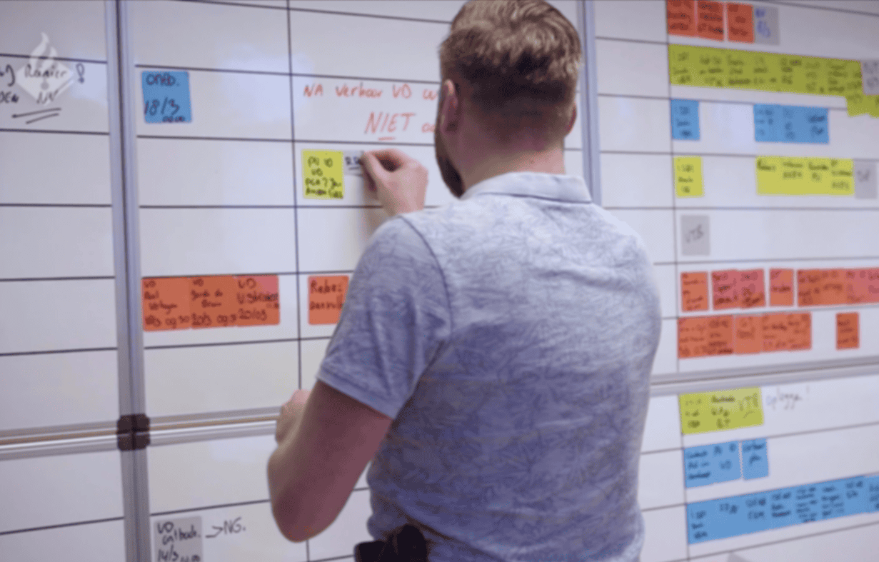 tablica Kanban z kolumnami i przesuwanymi kolorowymi karteczkami