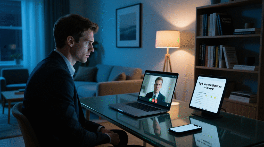 Rekruterka w domowym biurze prowadzi wideokonferencję z kandydatem na ekranie laptopa